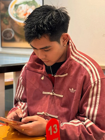 CNY-Inspired Streetwear Jacket – Maroon with Black Suede Finish