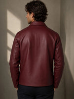 Burgundy leather jacket back view with stand collar and full sleeves