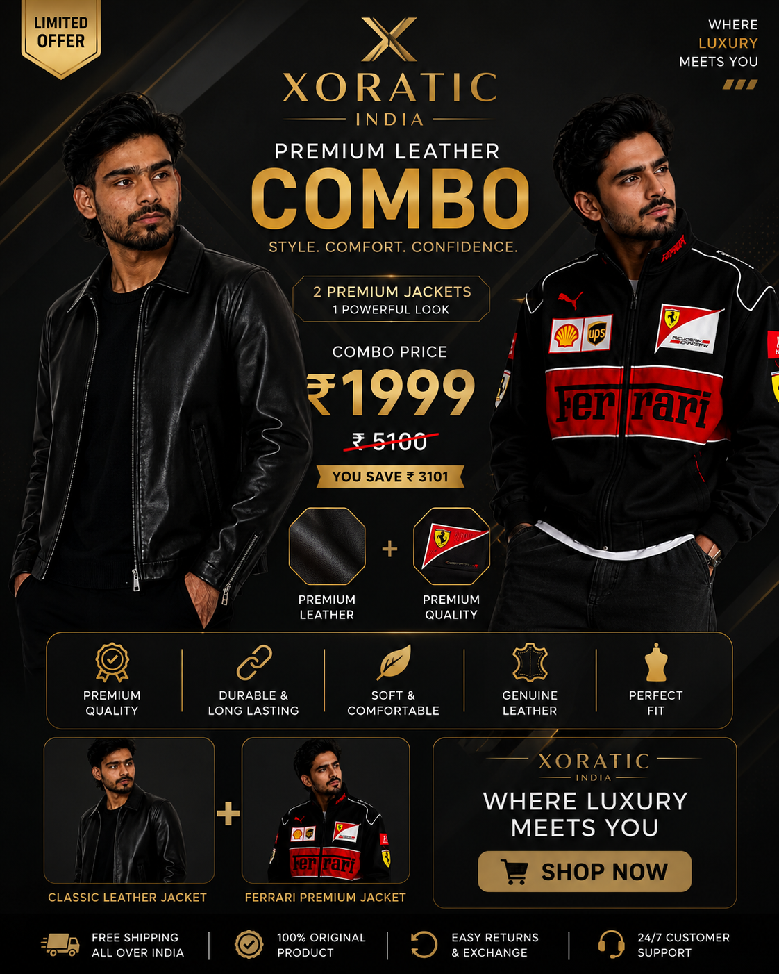 Premium racing collection  Ferrari raching jacket and black leather jacket in one parcel... - Xoratic
