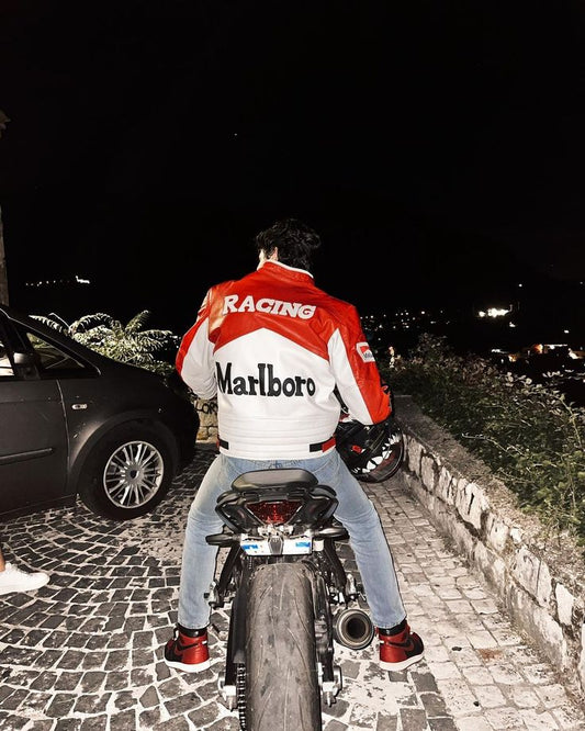 Red& white Marlbolo jacket in leatherr for unisex.