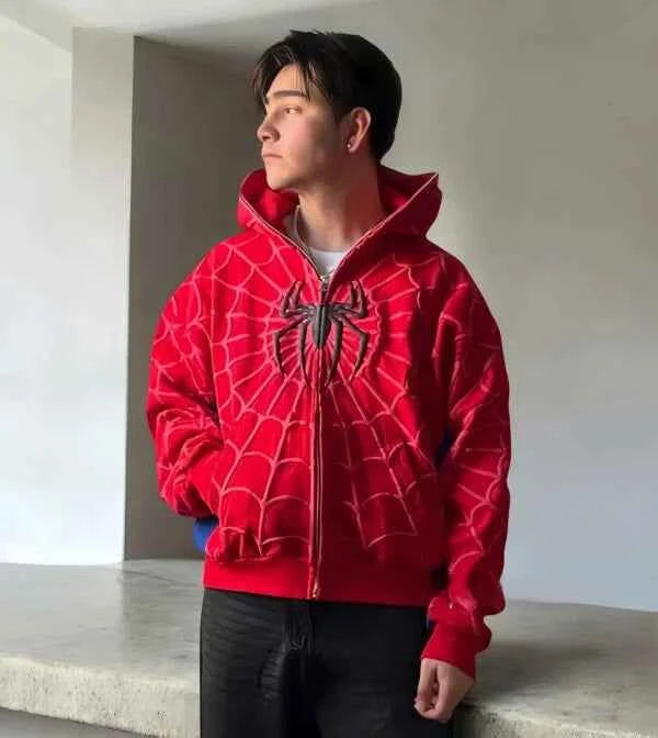 Spider hoodie in red with puff print.
